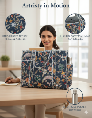 Blue(Multi) Cotton Premium & Elegant Floral Hand Block Print Quilted Tote Bag For Women