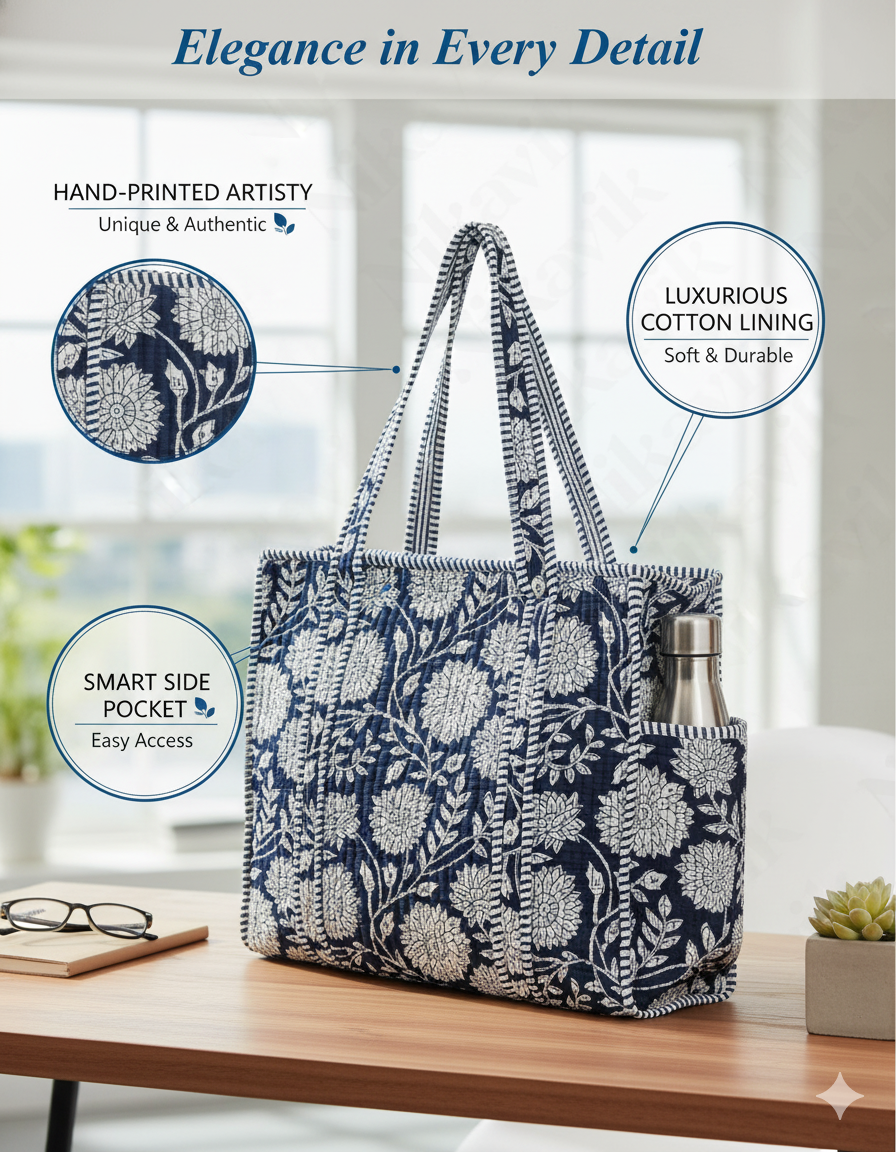 Navy Blue White Cotton Premium & Elegant Floral Hand Block Print Quilted Tote Bag For Women