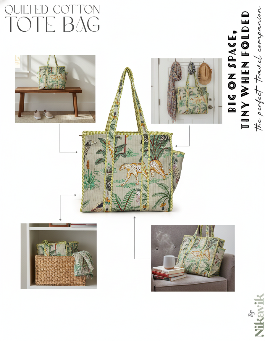 Beige Cotton Premium & Elegant Exotic Animal Print Quilted Tote Bag For Women - Image 4