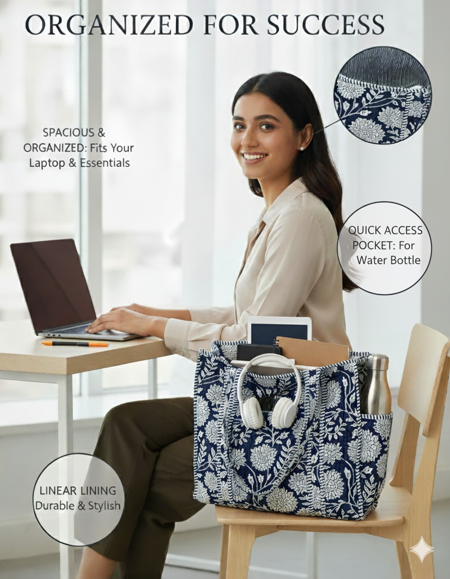 Navy Blue White Cotton Premium & Elegant Floral Hand Block Print Quilted Tote Bag For Women - Image 5