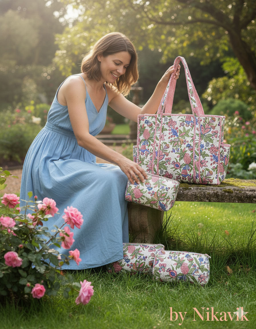 White Pink Cotton Premium & Elegant Hand Block Print Quilted Tote Bag With 3 Pouches Set For Women (Set Of 4) - Image 2