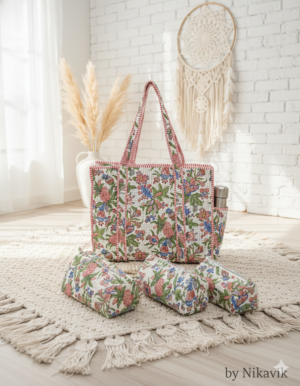 White Pink Cotton Premium & Elegant Hand Block Print Quilted Tote Bag With 3 Pouches Set For Women (Set Of 4)
