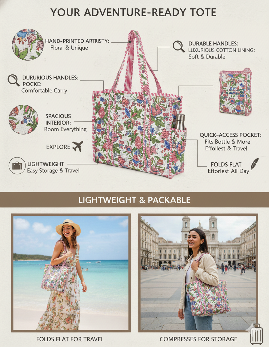 White Pink Cotton Premium & Elegant Floral Hand Block Print Quilted Tote Bag For Women - Image 6