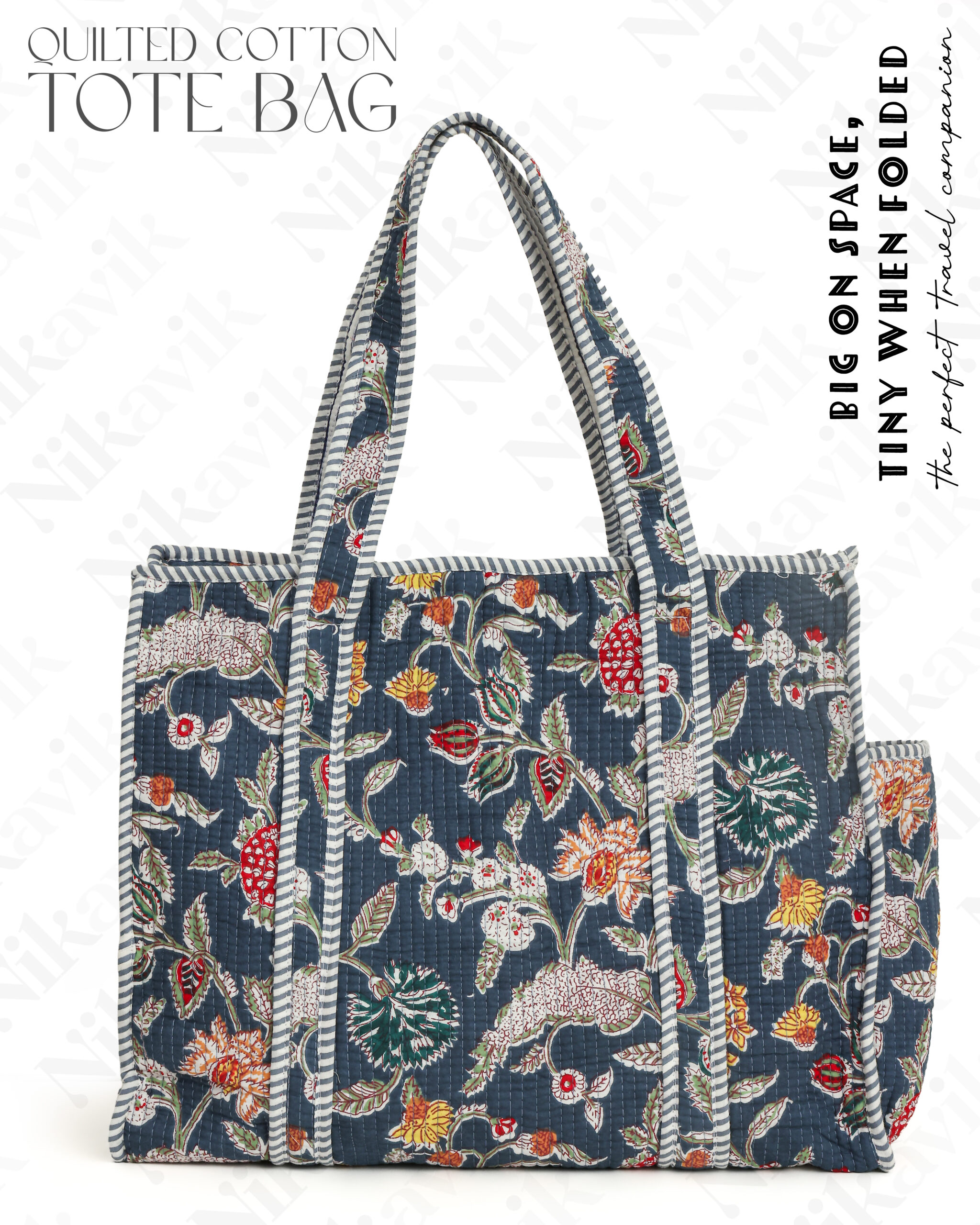 Blue(Multi) Cotton Premium & Elegant Floral Hand Block Print Quilted Tote Bag For Women - Image 7