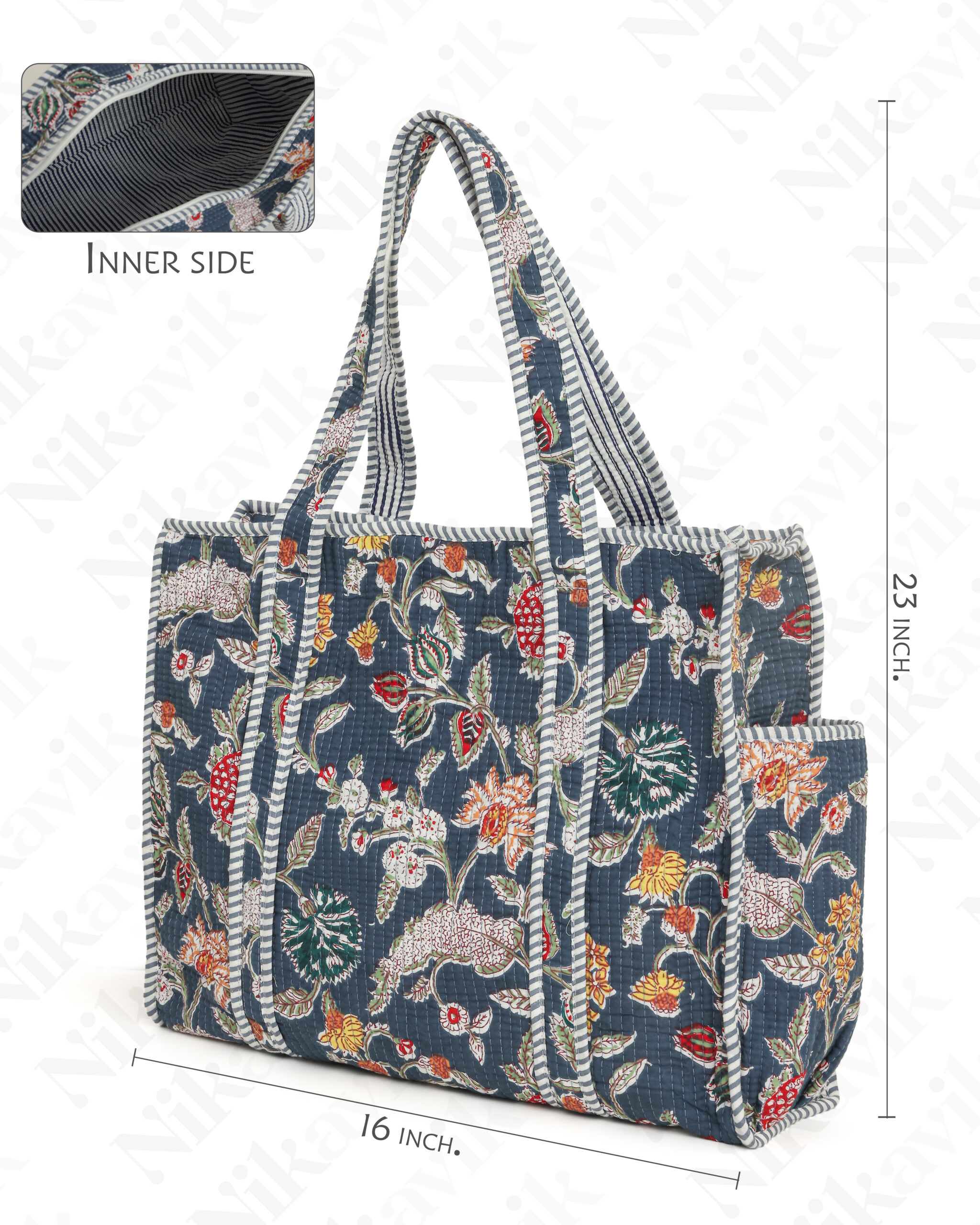 Blue(Multi) Cotton Premium & Elegant Floral Hand Block Print Quilted Tote Bag For Women - Image 6