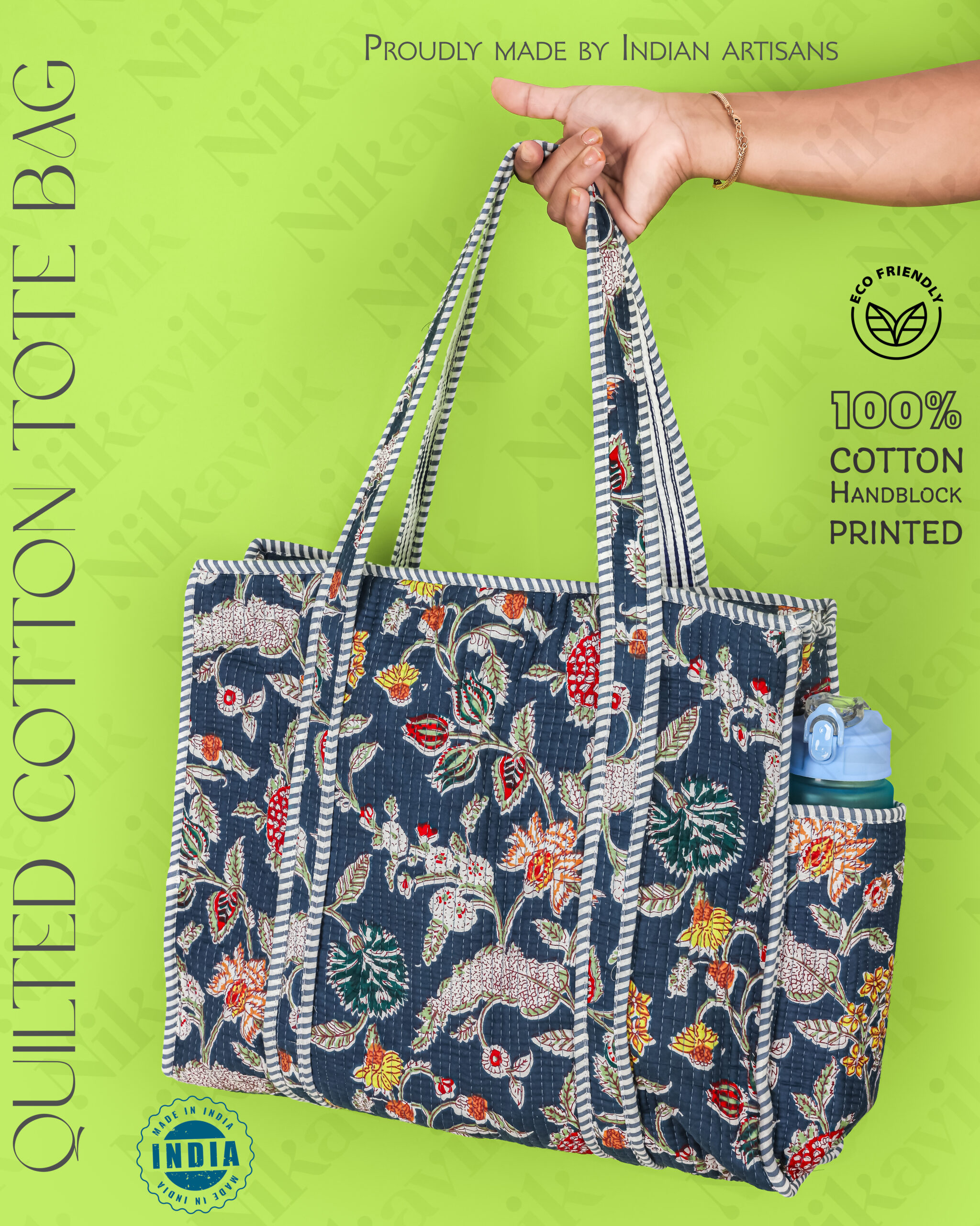 Blue(Multi) Cotton Premium & Elegant Floral Hand Block Print Quilted Tote Bag For Women - Image 5