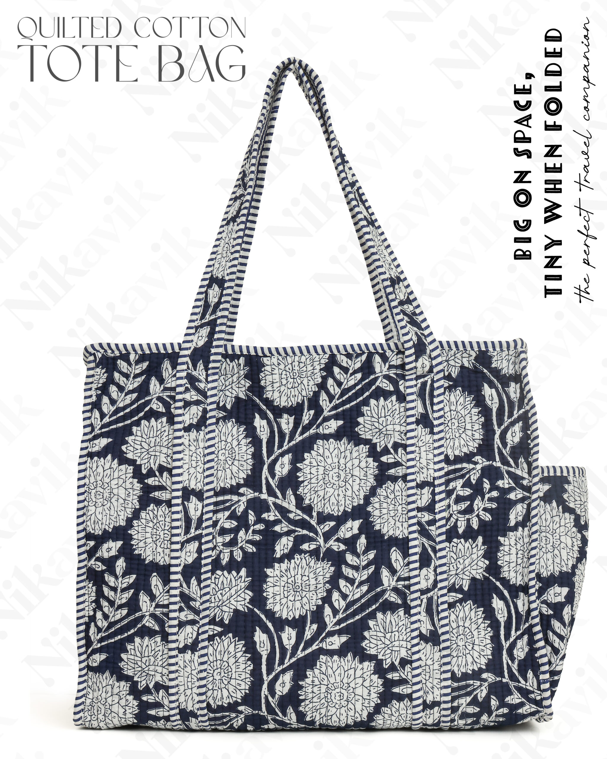 Navy Blue White Cotton Premium & Elegant Floral Hand Block Print Quilted Tote Bag For Women - Image 6