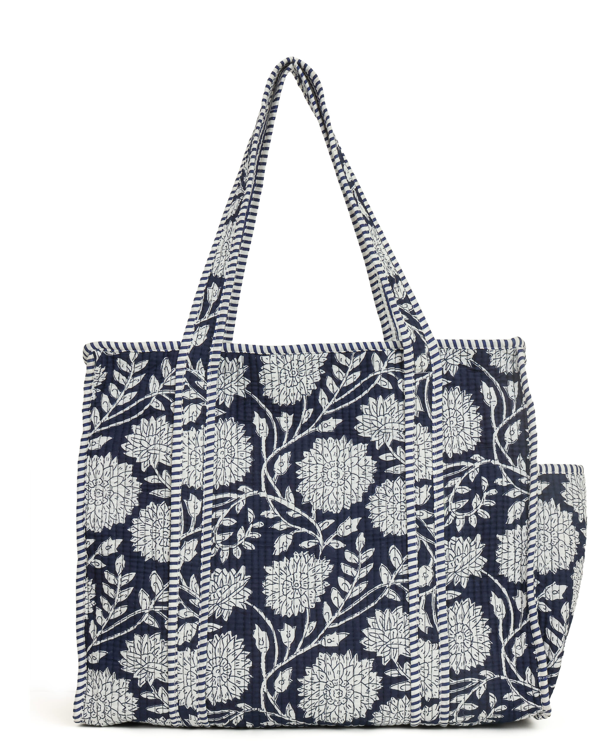 Navy Blue White Cotton Premium & Elegant Floral Hand Block Print Quilted Tote Bag For Women - Image 7