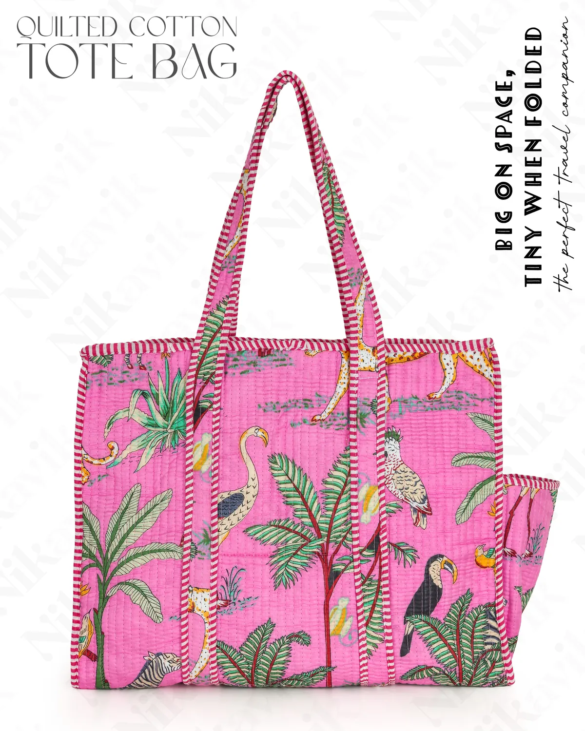 Light Pink Cotton Premium & Elegant Hand Block Print Quilted Tote Bag With 3 Pouches Set For Women (Set Of 4) - Image 4