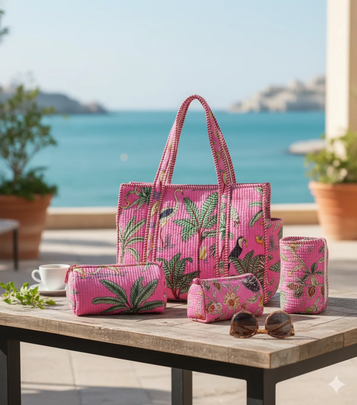Light Pink Cotton Premium & Elegant Hand Block Print Quilted Tote Bag With 3 Pouches Set For Women (Set Of 4)