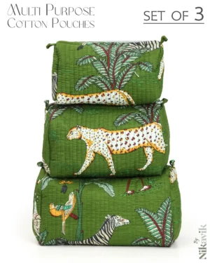 Green Cotton Premium & Elegant Printed Quilted Cosmetic Pouch Set For Unisex (Set Of 3)