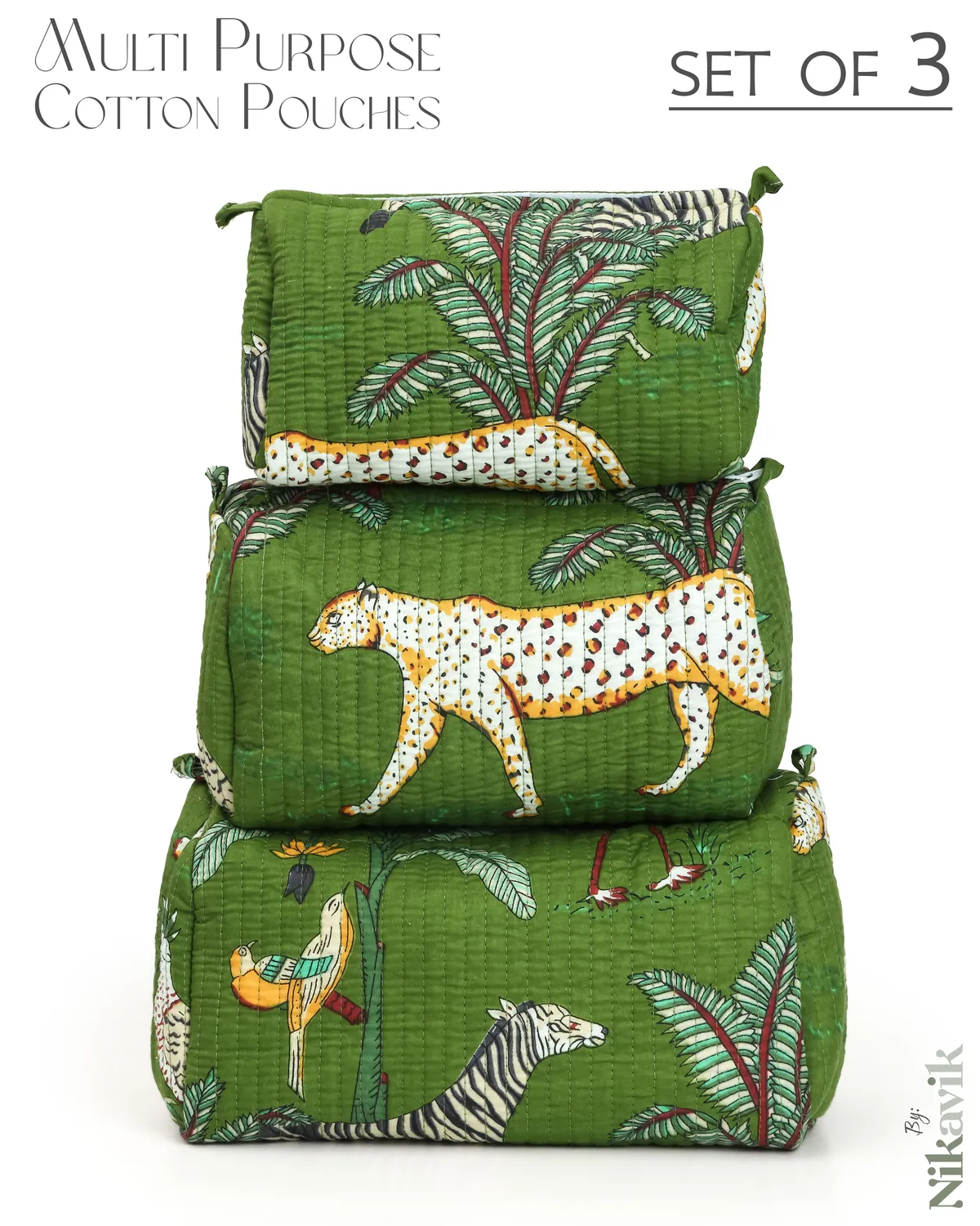 Green Cotton Premium & Elegant Printed Quilted Cosmetic Pouch Set For Unisex (Set Of 3)