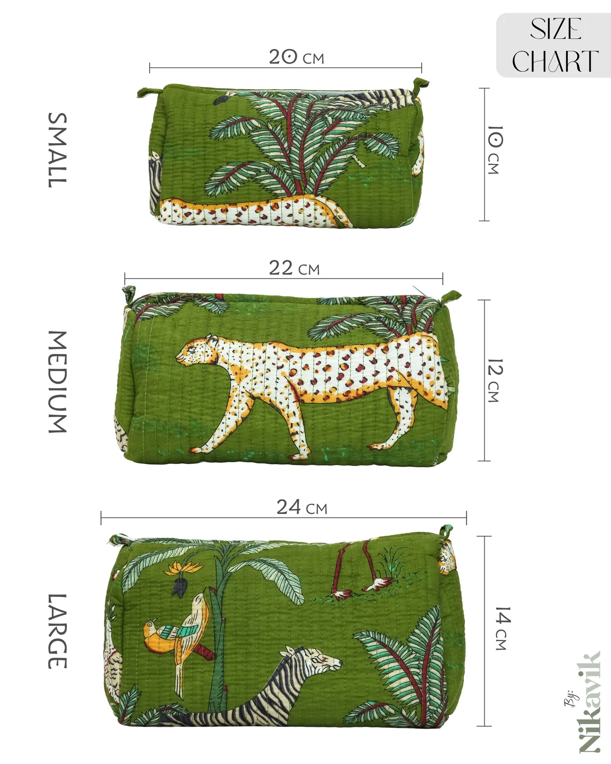 Green Cotton Premium & Elegant Printed Quilted Cosmetic Pouch Set For Unisex (Set Of 3) - Image 2