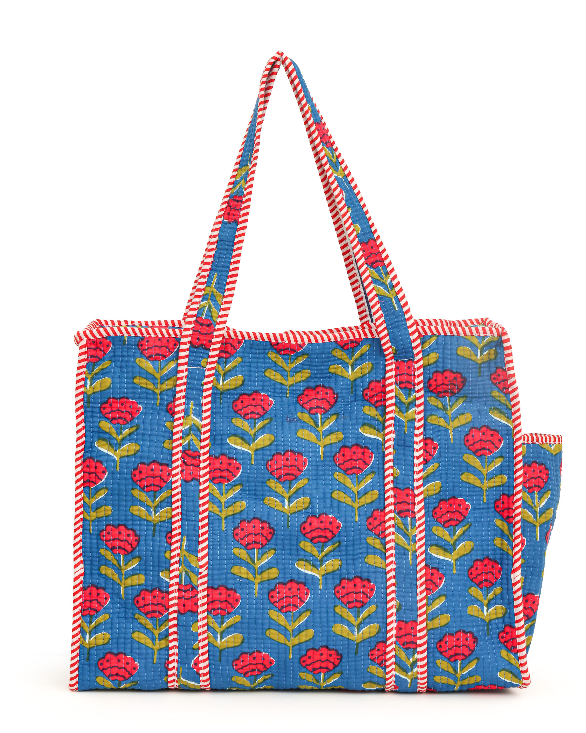 Blue Red Cotton Premium & Elegant Floral Hand Block Print Quilted Tote Bag For Women - Image 6