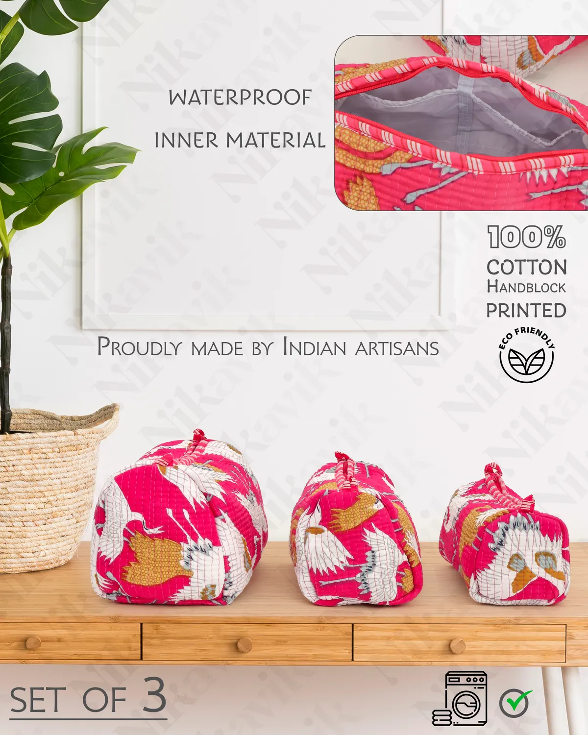 Pink Cotton Premium & Elegant Printed Quilted Cosmetic Pouch Set For Unisex (Set Of 3) - Image 3