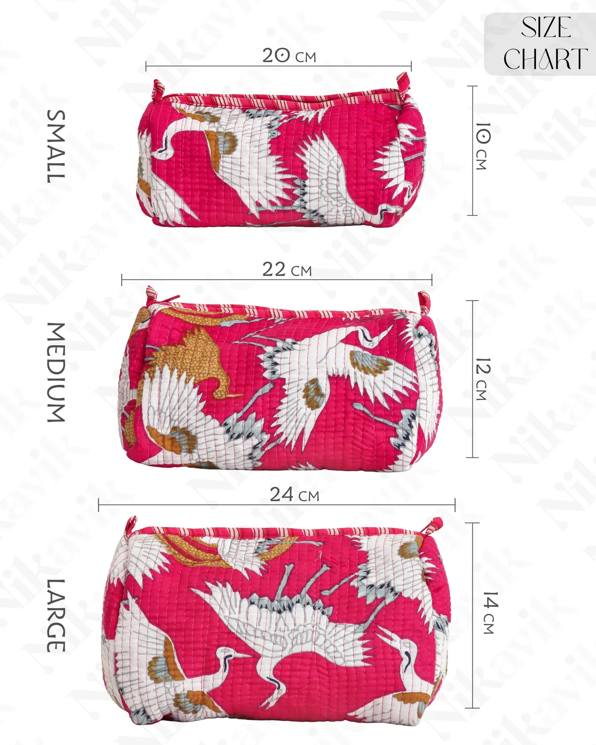 Pink Cotton Premium & Elegant Printed Quilted Cosmetic Pouch Set For Unisex (Set Of 3) - Image 2