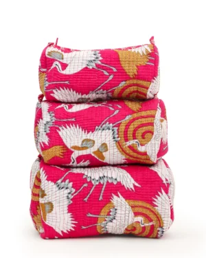 Pink Cotton Premium & Elegant Printed Quilted Cosmetic Pouch Set For Unisex (Set Of 3)