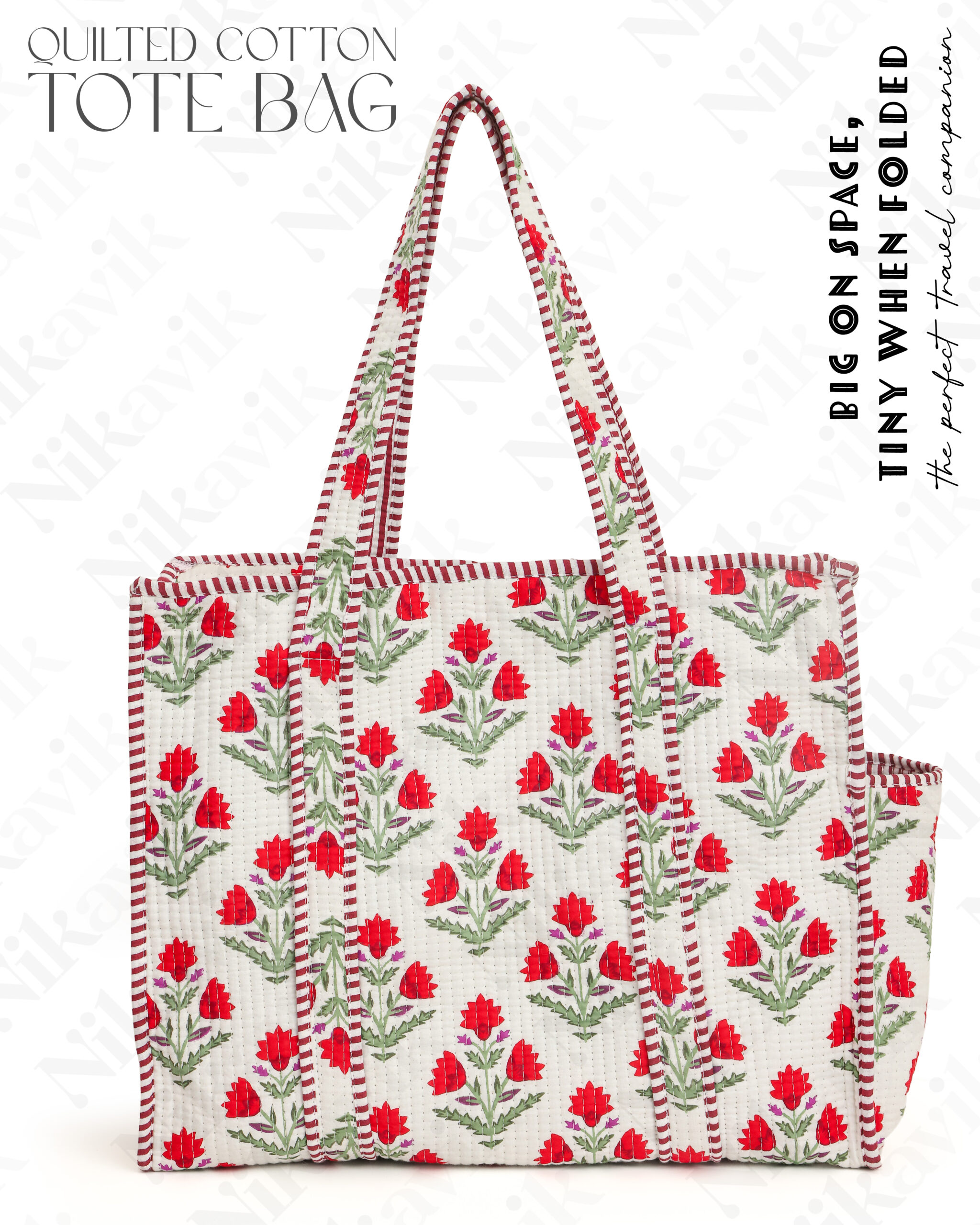 White Red Cotton Premium & Elegant Exotic Mughal Butta Floral Print Quilted Tote Bag For Women - Image 4