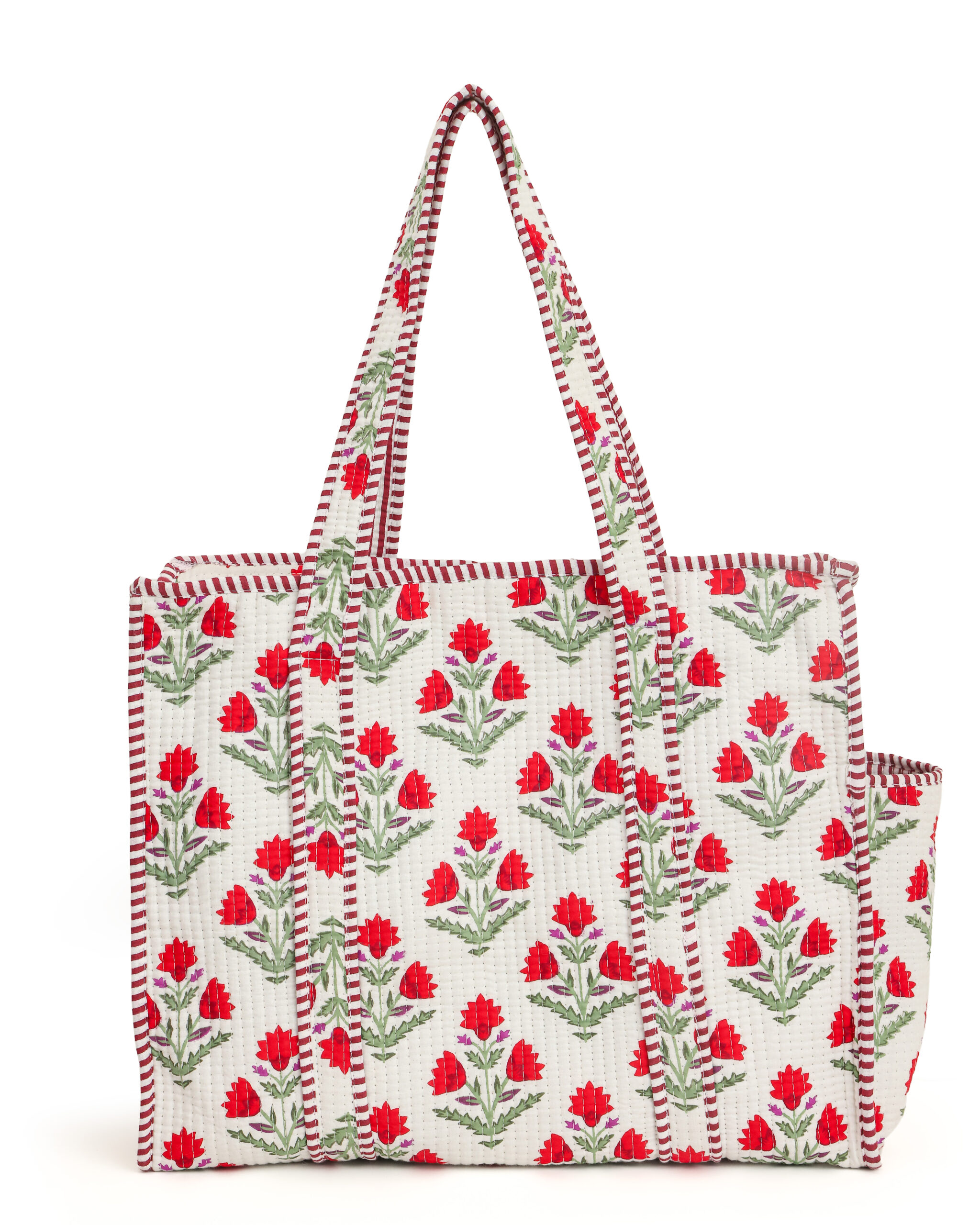 White Red Cotton Premium & Elegant Exotic Mughal Butta Floral Print Quilted Tote Bag For Women - Image 6