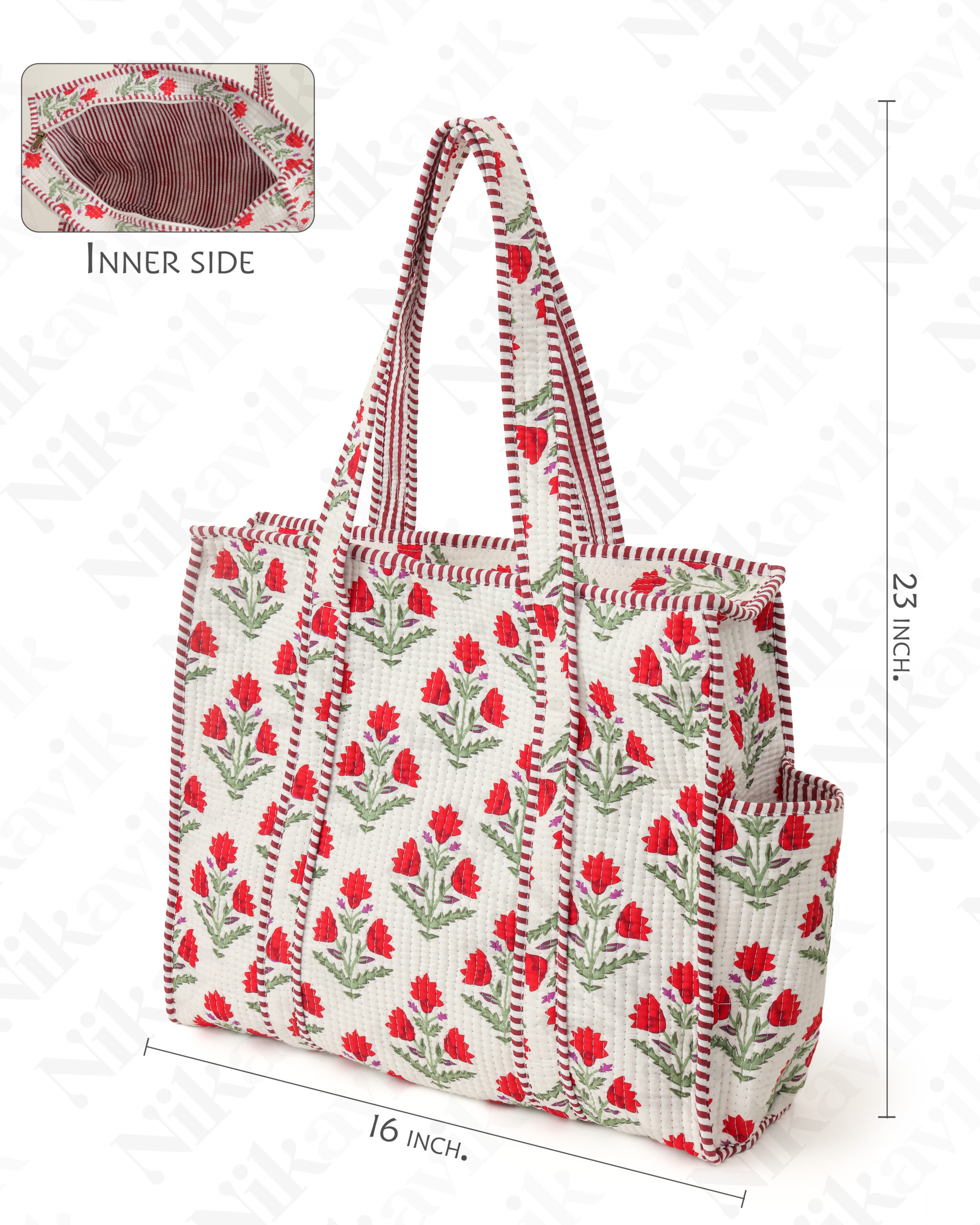 White Red Cotton Premium & Elegant Exotic Mughal Butta Floral Print Quilted Tote Bag For Women - Image 5