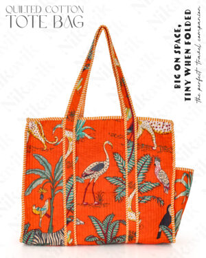 Orange Cotton Premium & Elegant Exotic Animal Print Quilted Tote Bag For Women