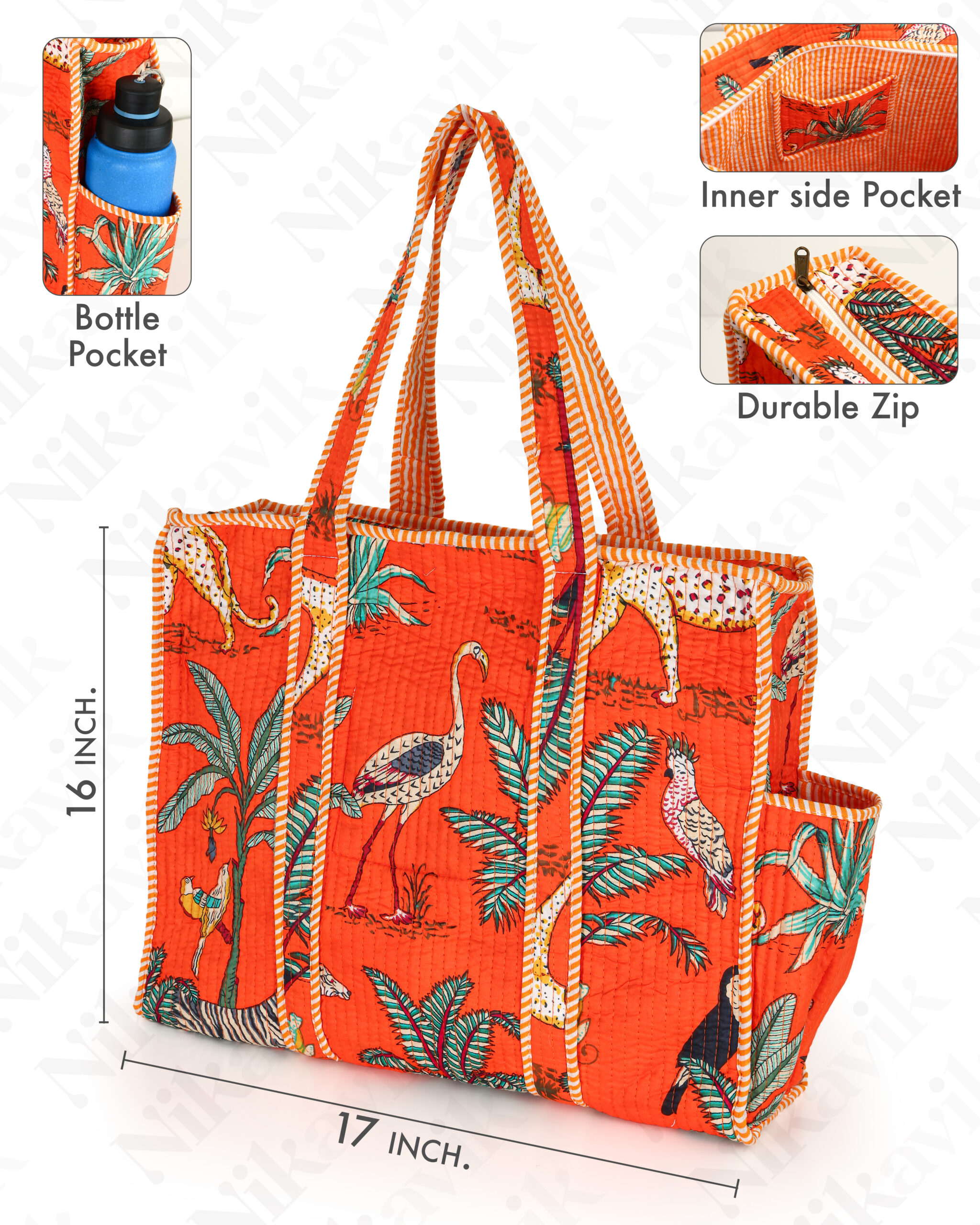 Orange Cotton Premium & Elegant Exotic Animal Print Quilted Tote Bag For Women - Image 3