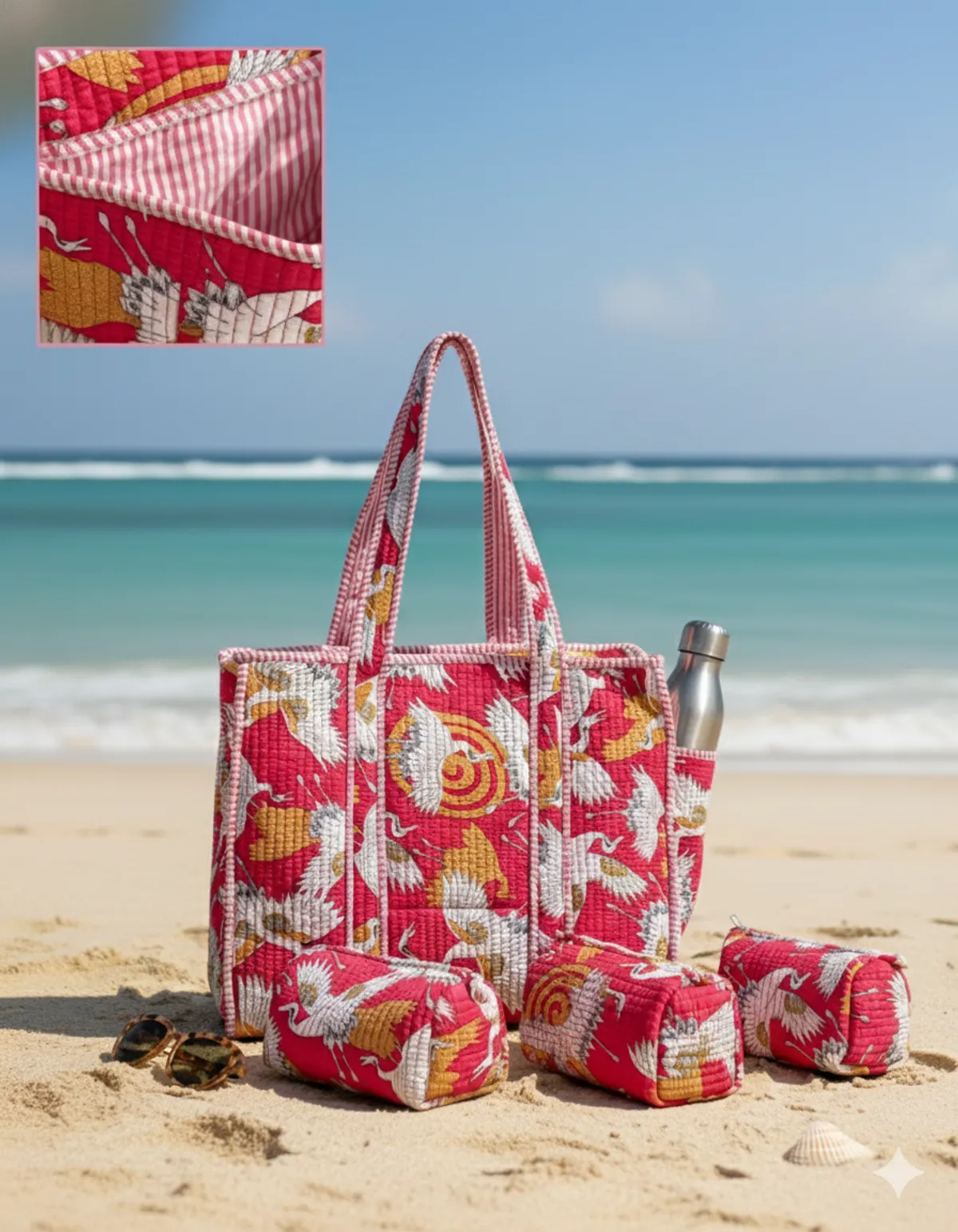 Pink Bird Cotton Premium & Elegant Hand Block Print Quilted Tote Bag With 3 Pouches Set For Women (Set Of 4)