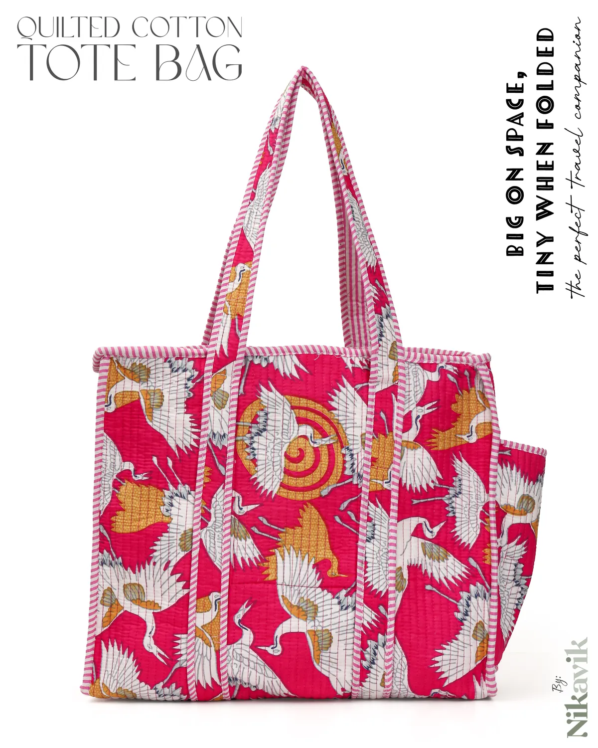 Pink Bird Cotton Premium & Elegant Hand Block Print Quilted Tote Bag With 3 Pouches Set For Women (Set Of 4) - Image 4