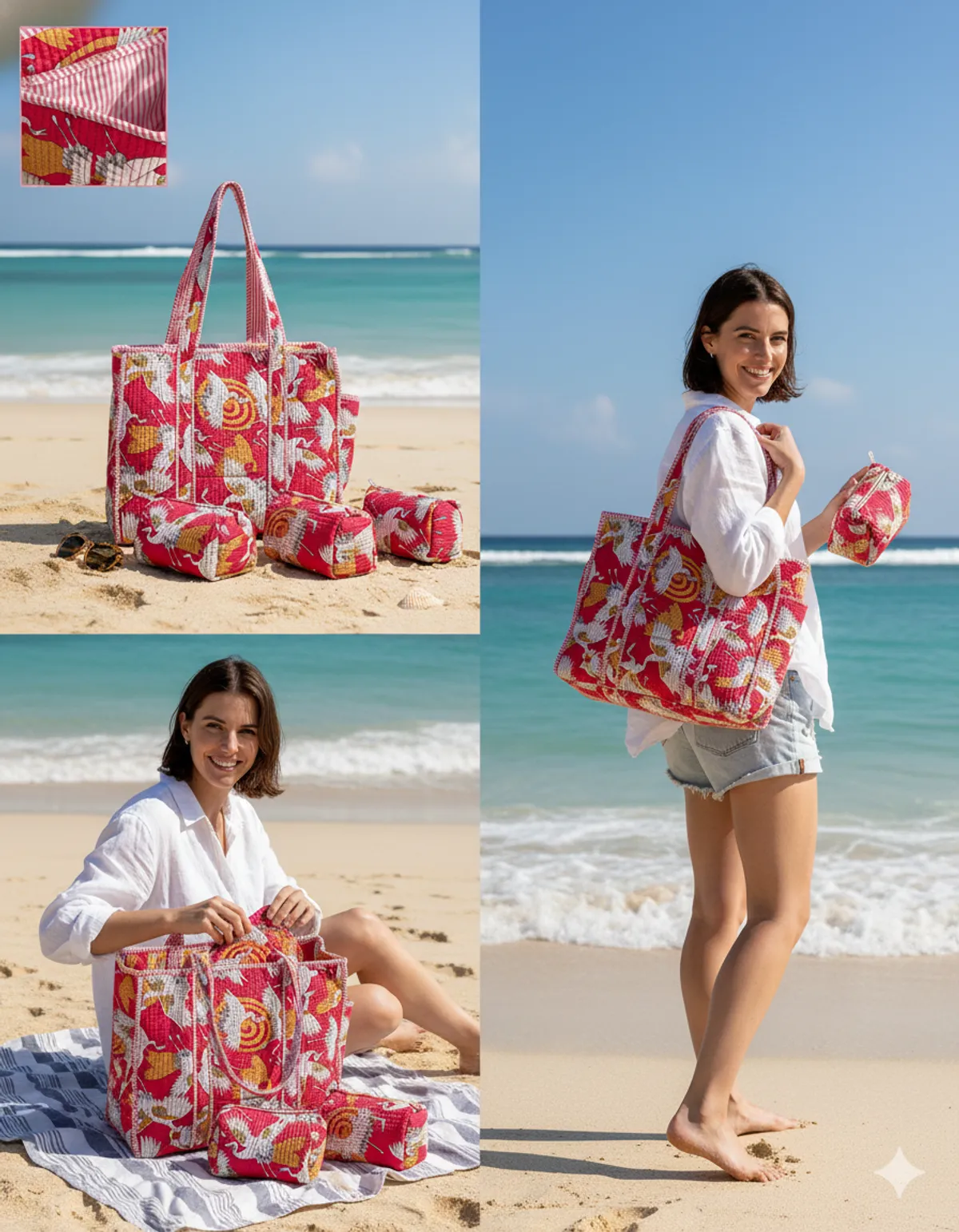 Pink Bird Cotton Premium & Elegant Hand Block Print Quilted Tote Bag With 3 Pouches Set For Women (Set Of 4) - Image 3