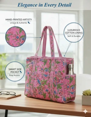 Pink Multi Cotton Premium & Elegant Floral Hand Block Print Quilted Tote Bag for Women