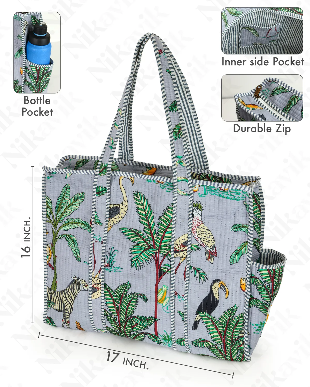Grey Cotton Premium & Elegant Exotic Animal Print Quilted Tote Bag For Women - Image 5