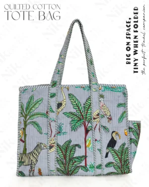 Grey Cotton Premium & Elegant Exotic Animal Print Quilted Tote Bag For Women