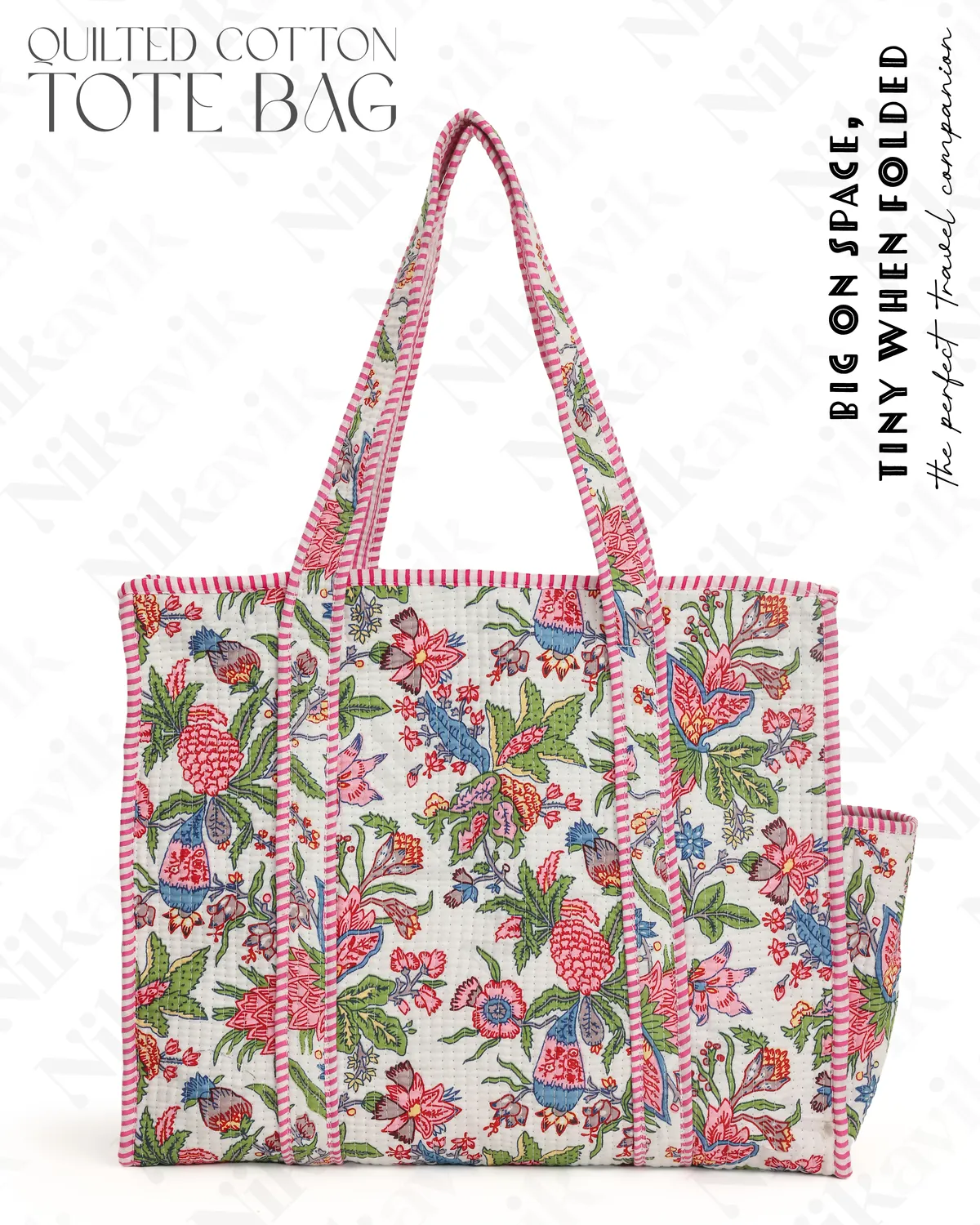 White Pink Cotton Premium & Elegant Hand Block Print Quilted Tote Bag With 3 Pouches Set For Women (Set Of 4) - Image 3