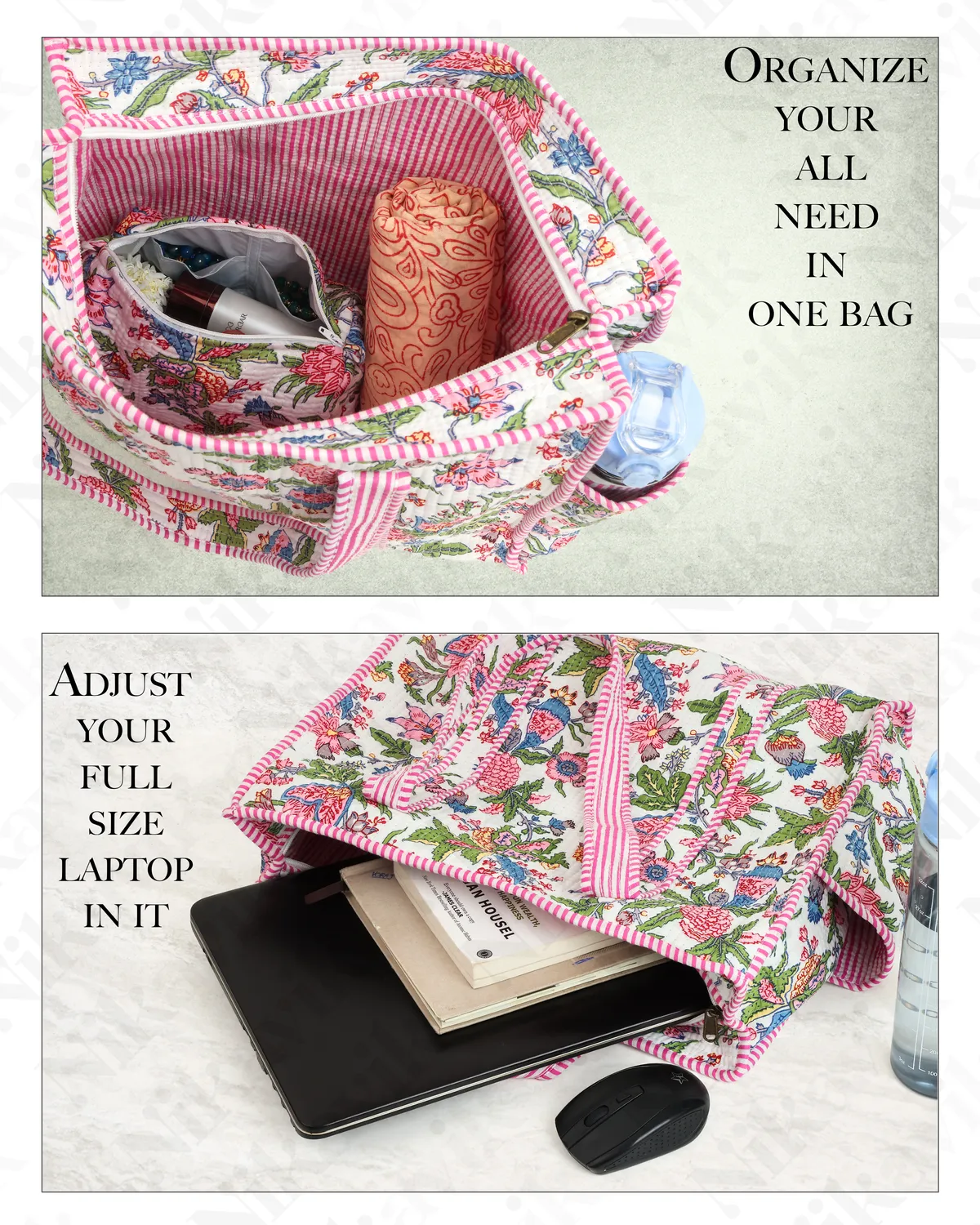 White Pink Cotton Premium & Elegant Hand Block Print Quilted Tote Bag With 3 Pouches Set For Women (Set Of 4) - Image 4