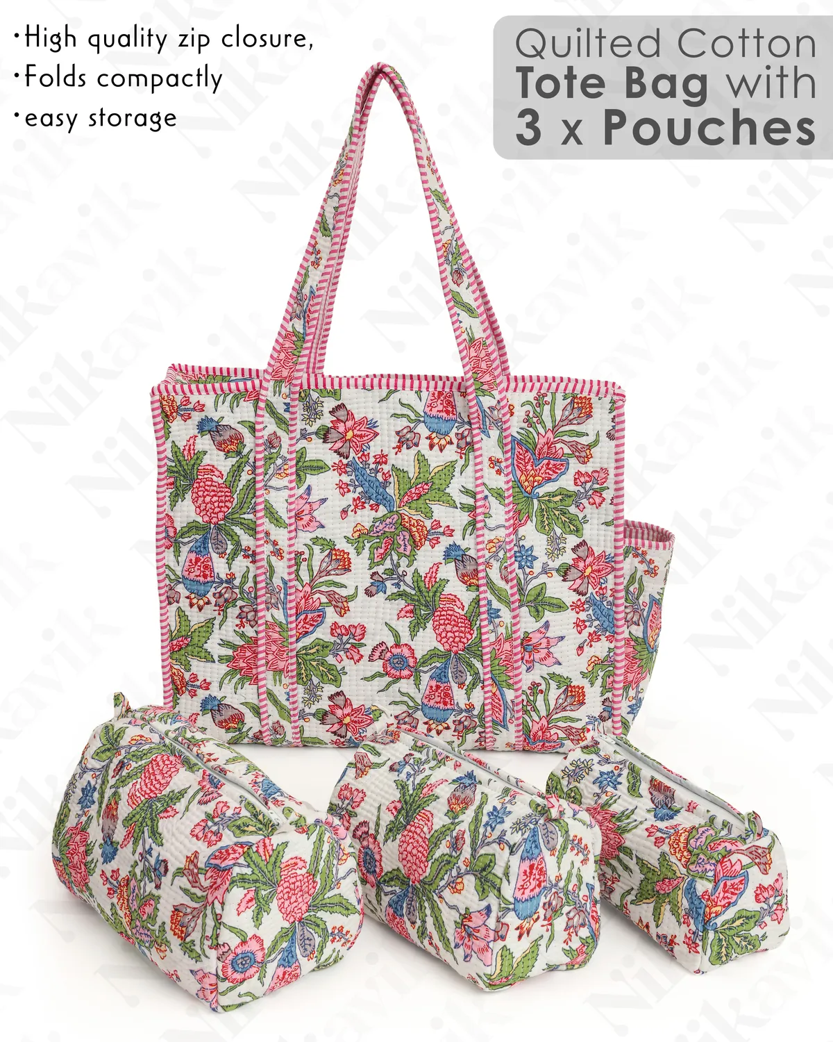 White Pink Cotton Premium & Elegant Hand Block Print Quilted Tote Bag With 3 Pouches Set For Women (Set Of 4) - Image 2