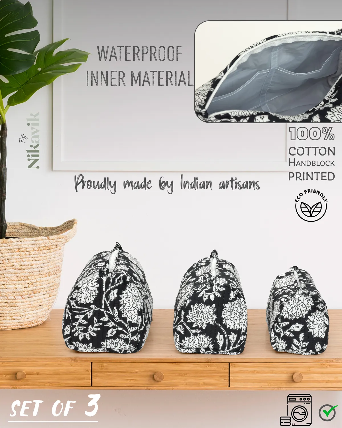 Navy Blue White Cotton Premium & Elegant Printed Quilted Cosmetic Pouch Set For Unisex (Set Of 3) - Image 3