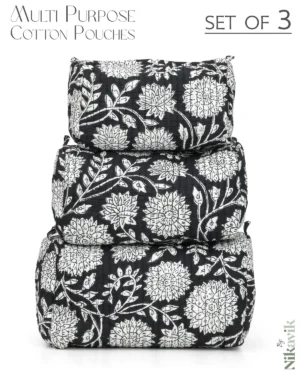 Navy Blue White Cotton Premium & Elegant Printed Quilted Cosmetic Pouch Set For Unisex (Set Of 3)