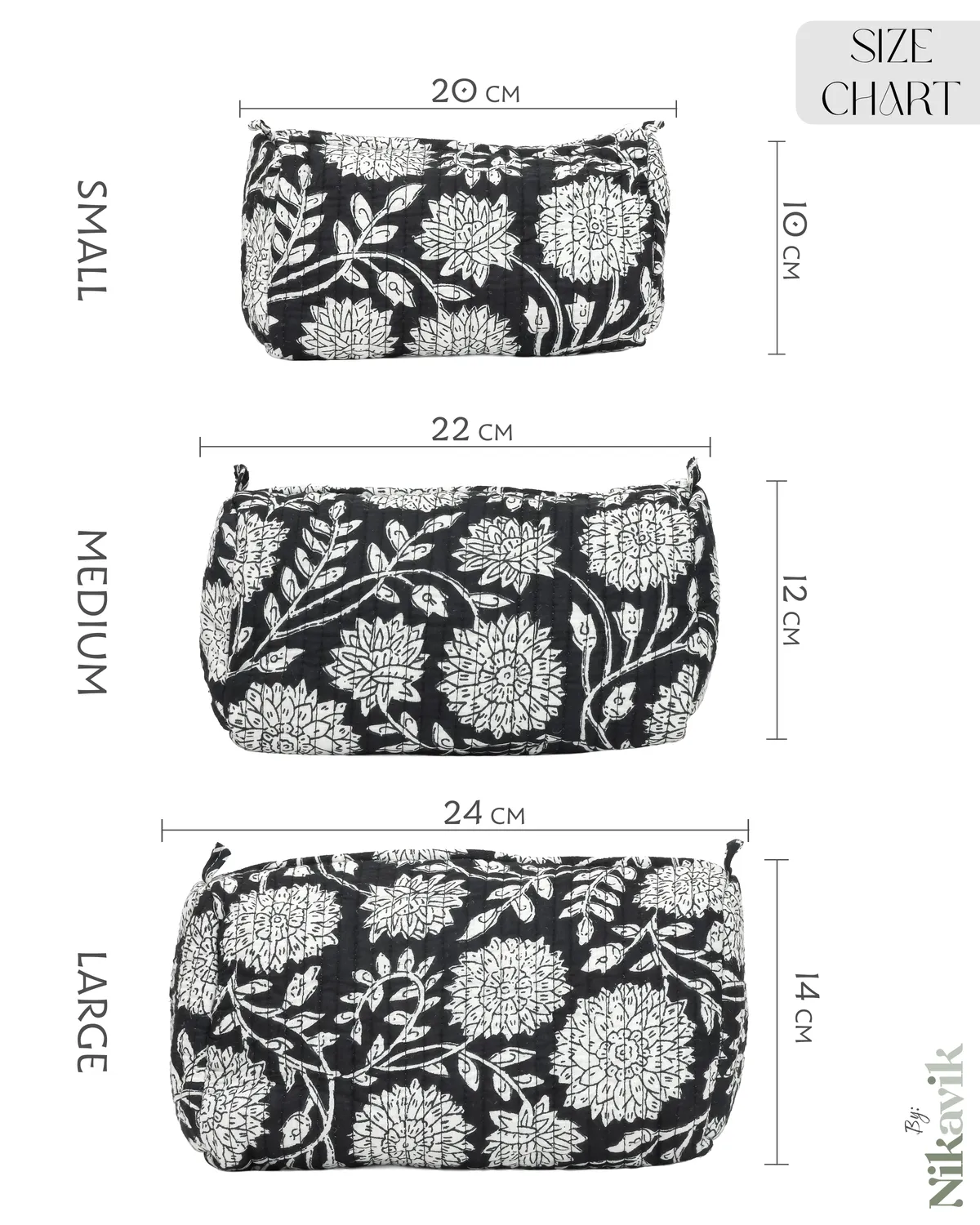 Navy Blue White Cotton Premium & Elegant Printed Quilted Cosmetic Pouch Set For Unisex (Set Of 3) - Image 2