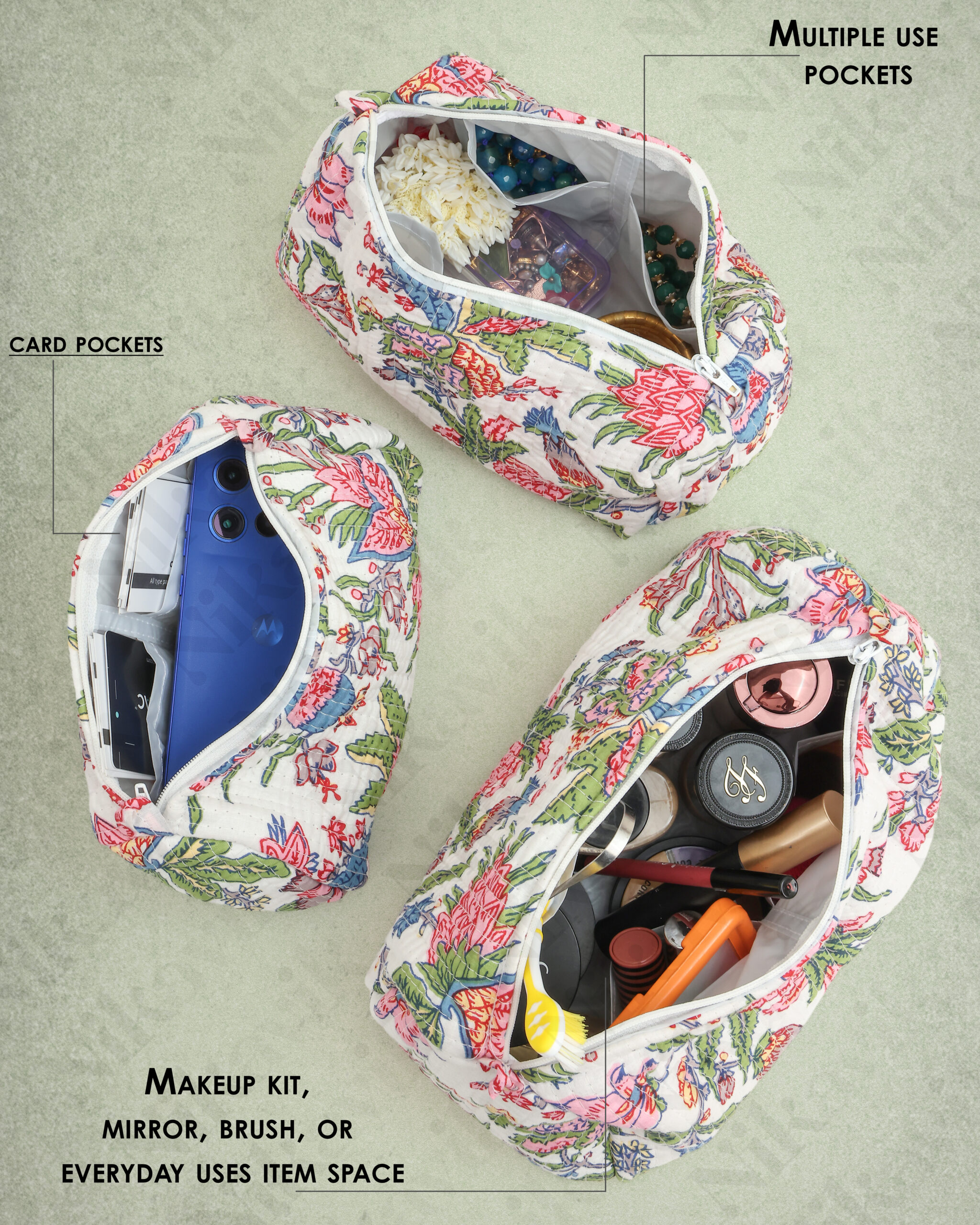 White Pink Cotton Premium & Elegant Hand Block Print Quilted Tote Bag With 3 Pouches Set For Women (Set Of 4) - Image 7