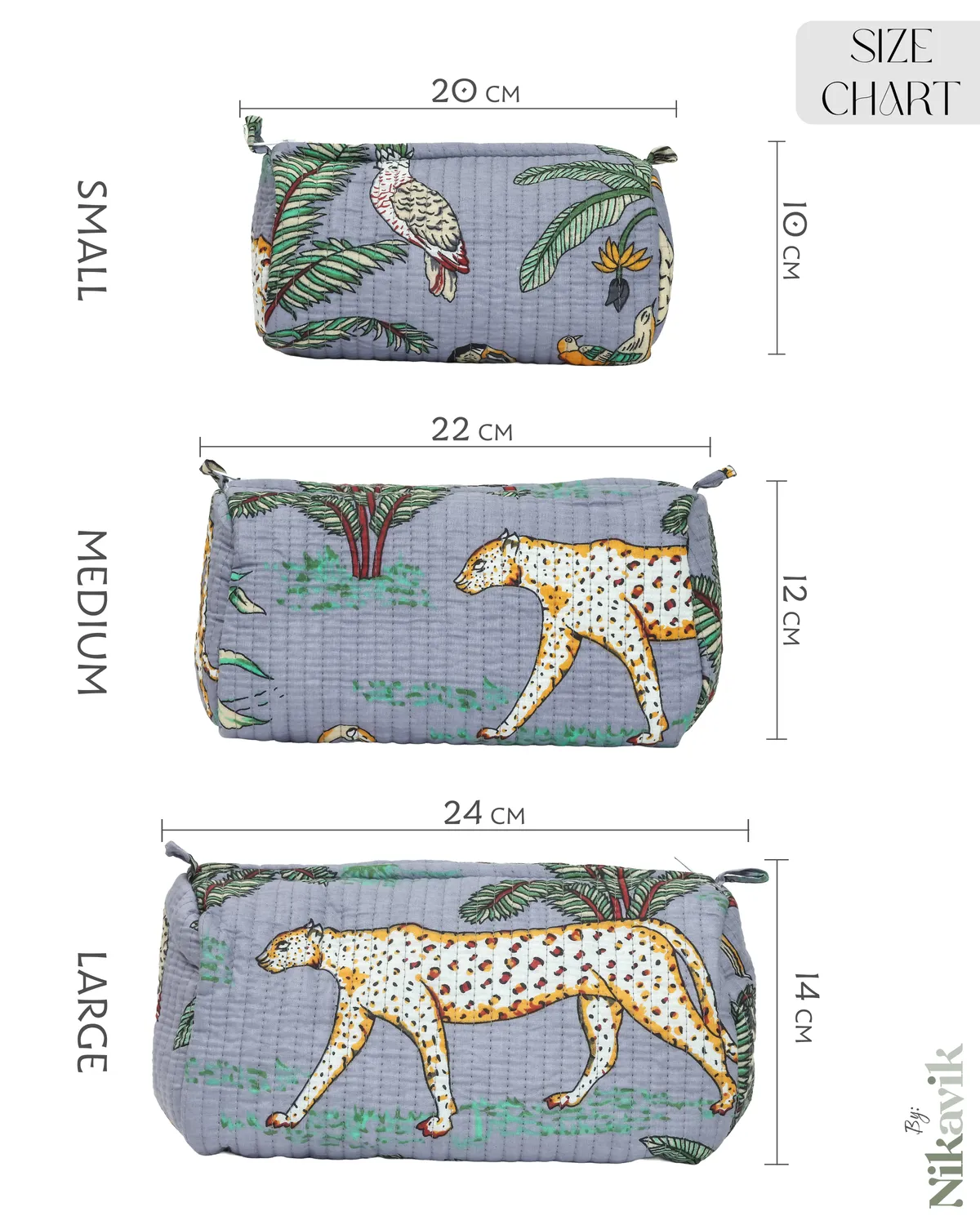 Grey Cotton Premium & Elegant Printed Quilted Cosmetic Pouch Set For Unisex (Set Of 3) - Image 3