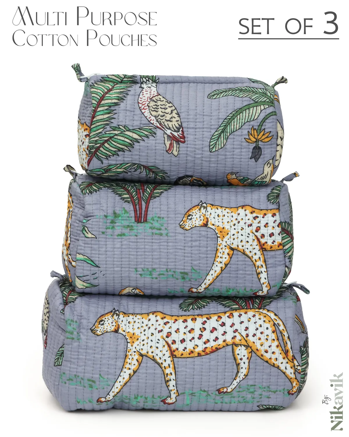 Grey Cotton Premium & Elegant Printed Quilted Cosmetic Pouch Set For Unisex (Set Of 3)