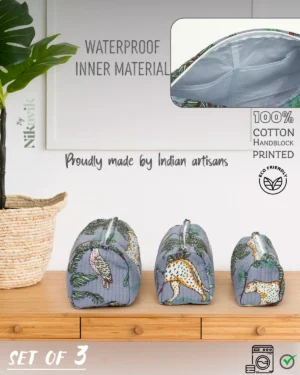 Alternative view of Grey Cotton Premium & Elegant Printed Quilted Cosmetic Pouch Set For Unisex (Set Of 3)