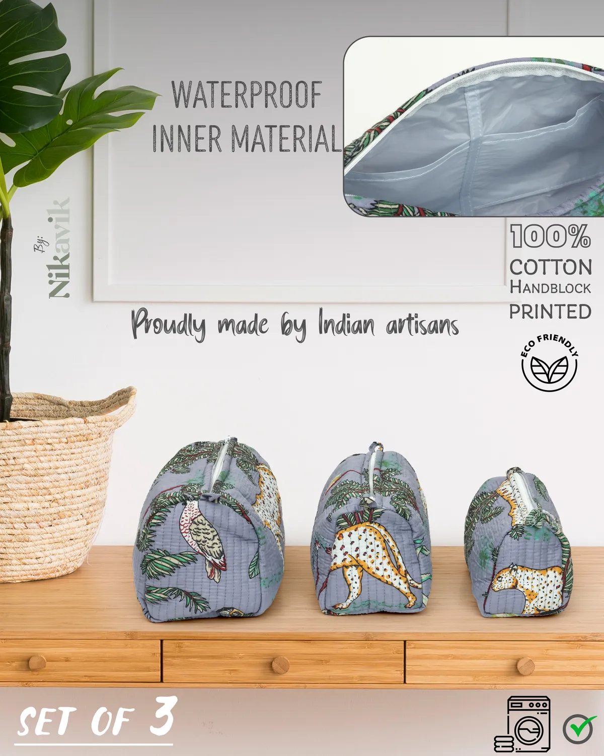 Grey Cotton Premium & Elegant Printed Quilted Cosmetic Pouch Set For Unisex (Set Of 3) - Image 2