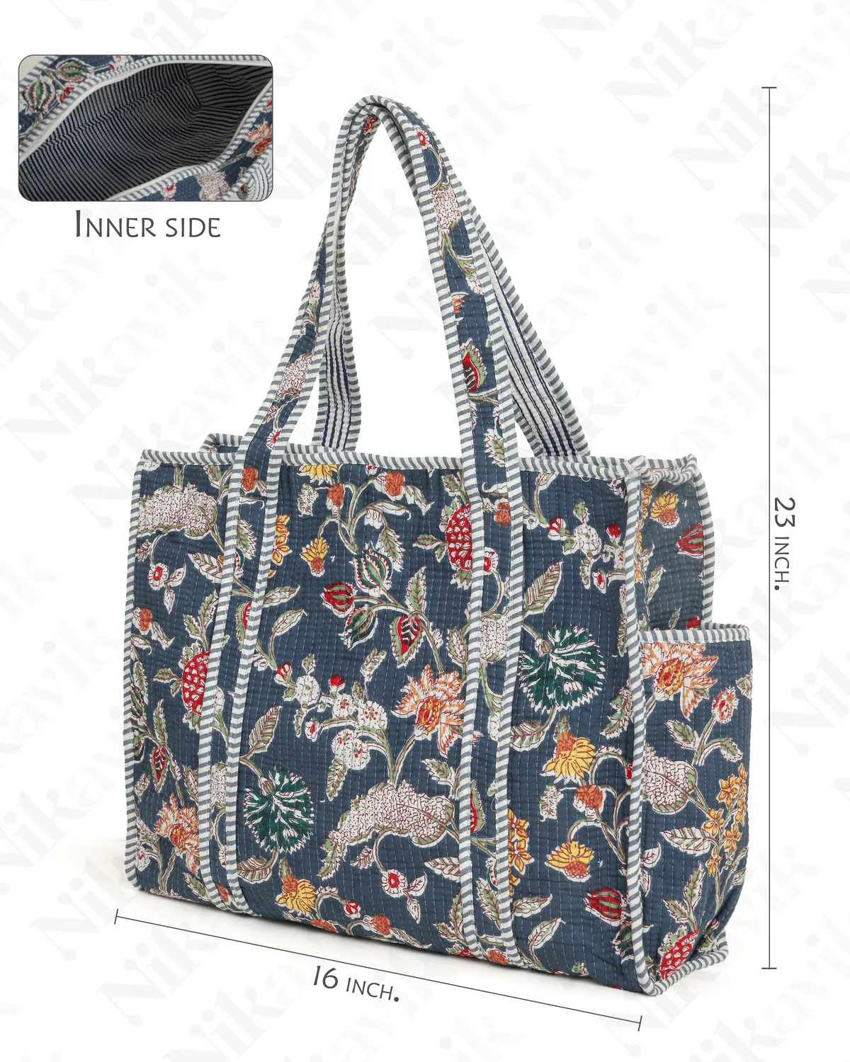 Blue Multi Cotton Premium & Elegant Hand Block Print Quilted Tote Bag With 3 Pouches Set For Women (Set Of 4) - Image 6