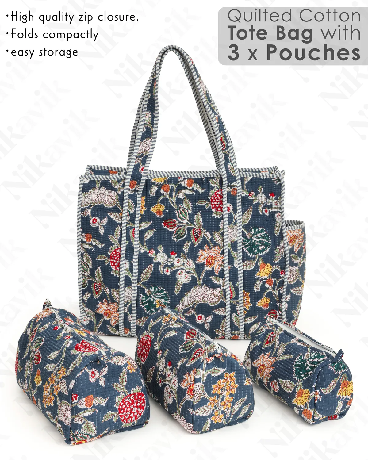 Blue Multi Cotton Premium & Elegant Hand Block Print Quilted Tote Bag With 3 Pouches Set For Women (Set Of 4) - Image 3