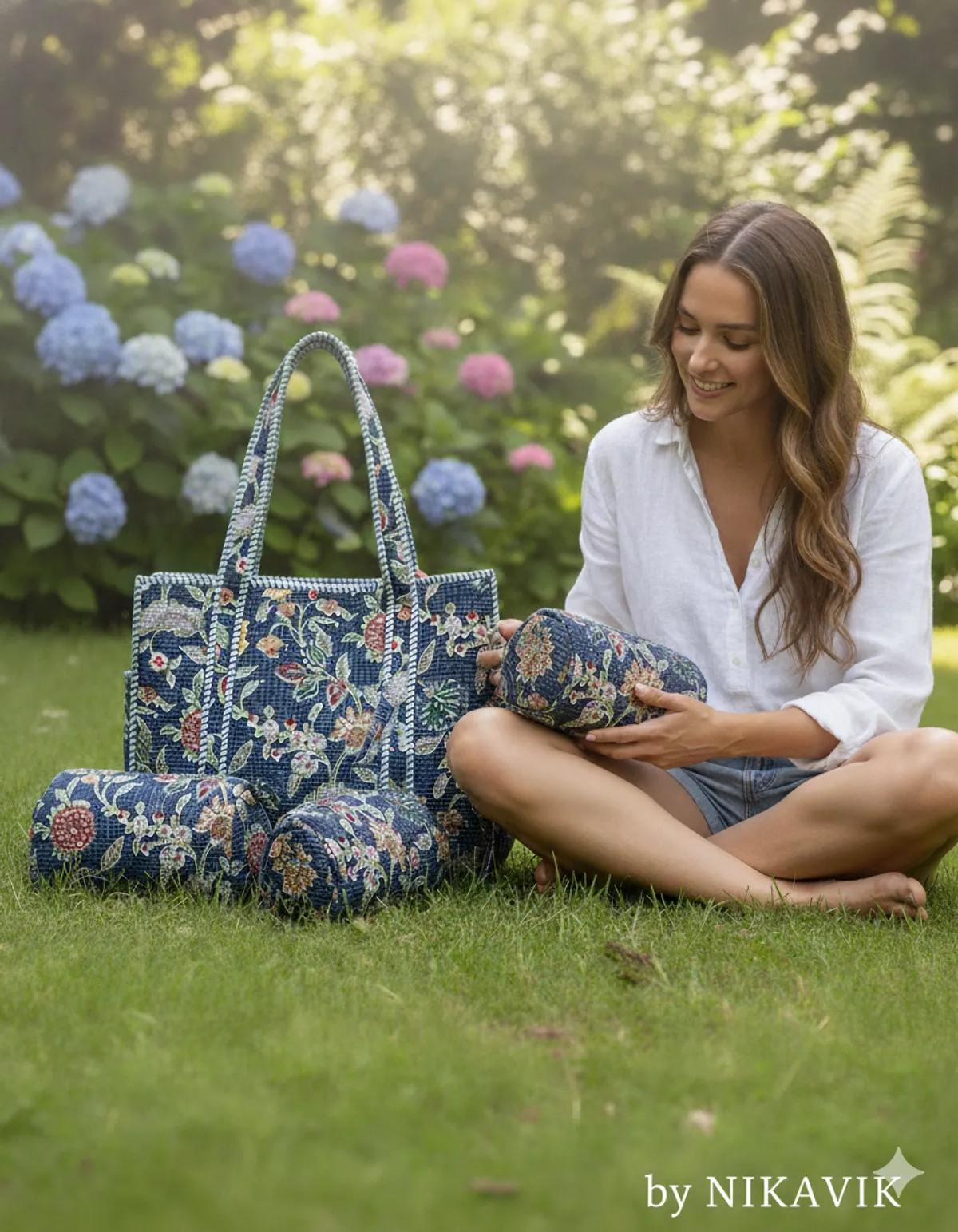 Blue Multi Cotton Premium & Elegant Hand Block Print Quilted Tote Bag With 3 Pouches Set For Women (Set Of 4) - Image 4