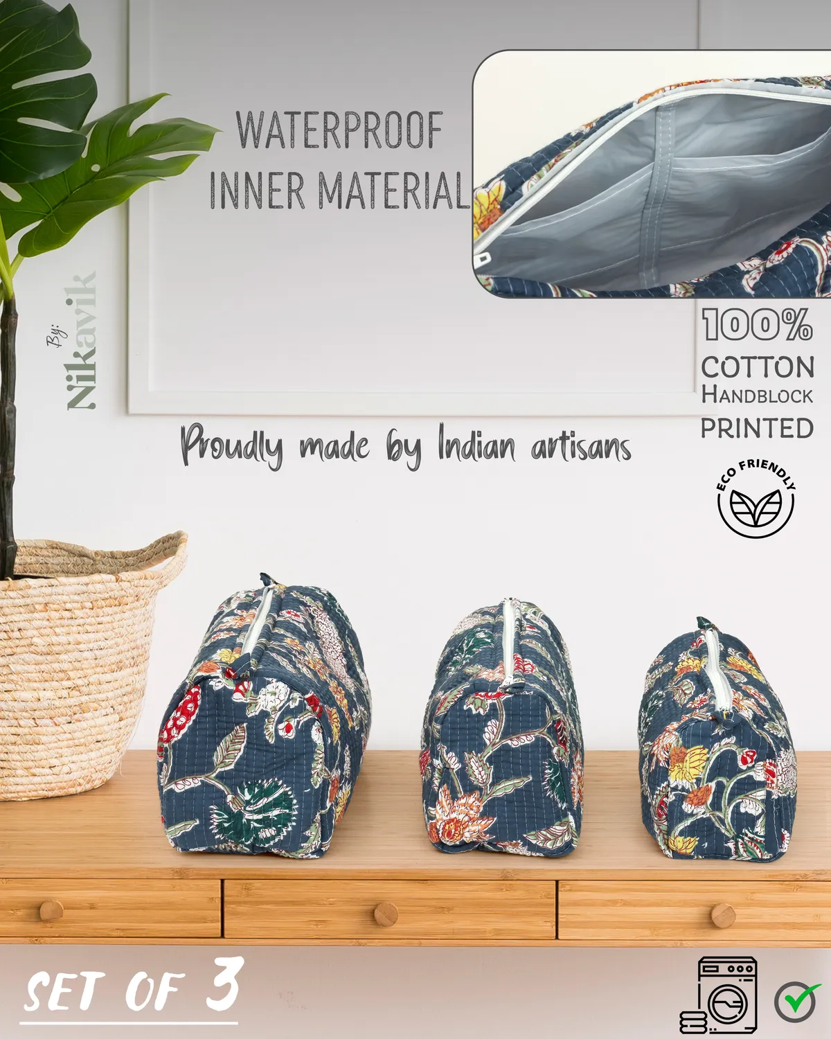 Blue Multi Cotton Premium & Elegant Hand Block Print Quilted Tote Bag With 3 Pouches Set For Women (Set Of 4) - Image 9