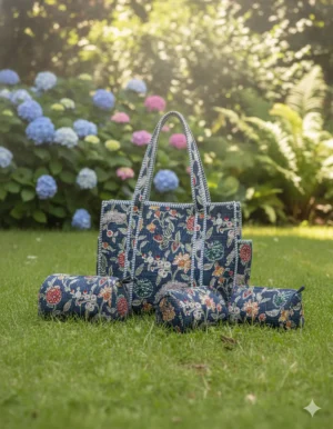 Blue Multi  Cotton Premium & Elegant Hand Block Print Quilted Tote Bag With 3 Pouches Set For Women (Set Of 4)