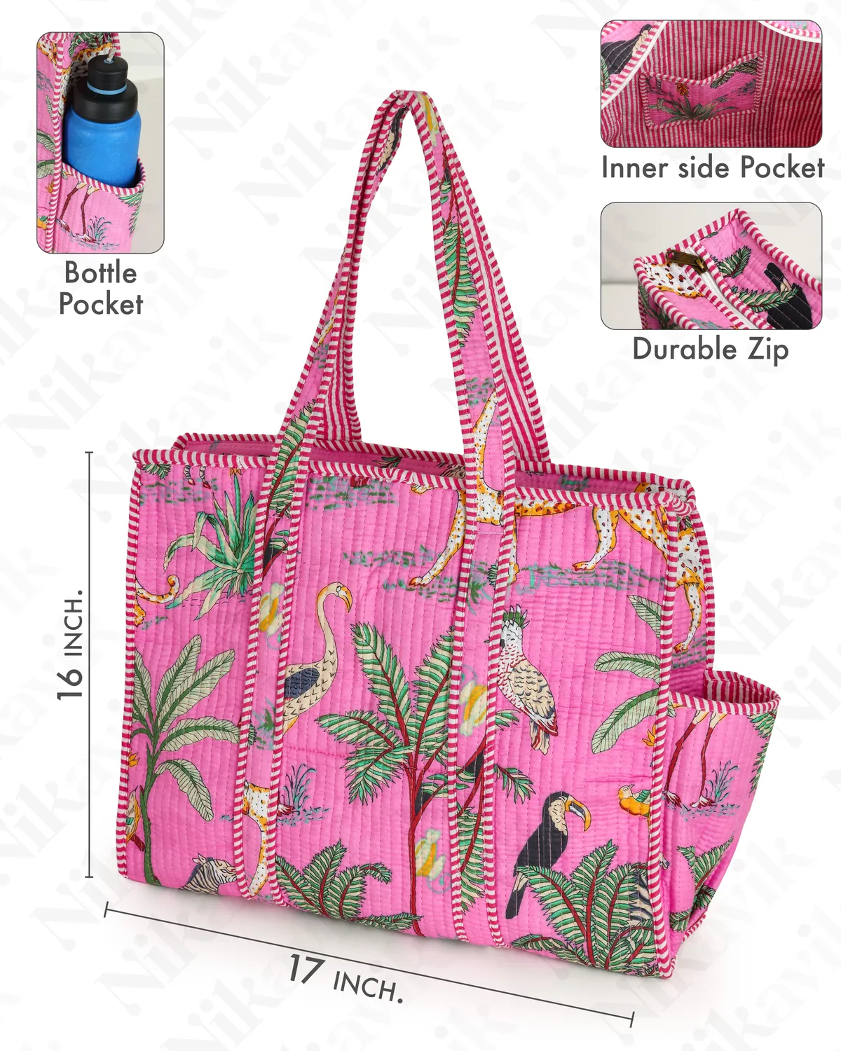 Light Pink Cotton Premium & Elegant Exotic Animal Print Quilted Tote Bag For Women - Image 4