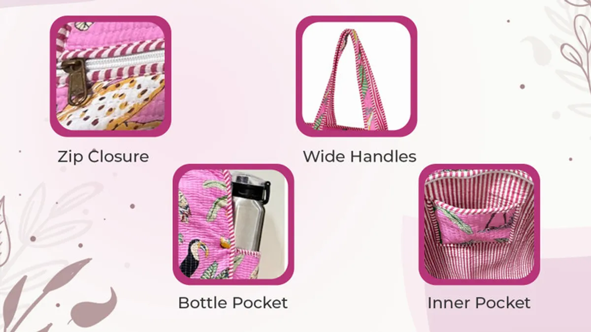 Light Pink Cotton Premium & Elegant Exotic Animal Print Quilted Tote Bag For Women - Image 3